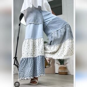 POL Blue and White Patchwork Wide Leg Pants
